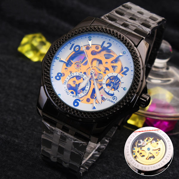經典大表盤藍光炫彩鏤空時尚黑色鋼帶全自動防水男士機械手錶批發工廠,批發,進口,代購