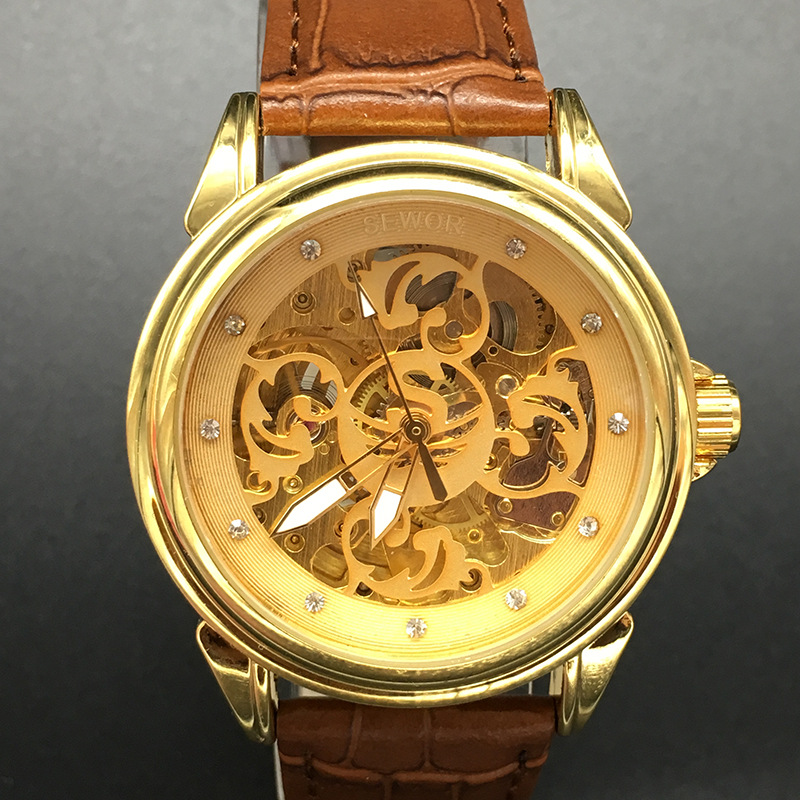站西一件代發可印LOGO真皮表帶石英手錶 男士高檔鑲鉆鏤空手錶工廠,批發,進口,代購
