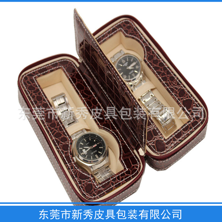 咖啡色鱷魚紋手錶盒 新款PU手錶首飾包裝盒 兩支裝 表盒 包裝盒工廠,批發,進口,代購