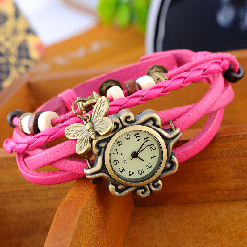 廠傢直銷 韓版時尚手錶 真皮帶蝴蝶女士腕表 復古編織手錶工廠,批發,進口,代購