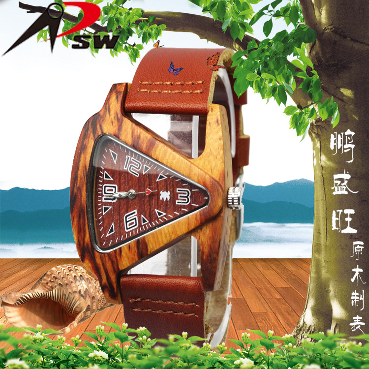 廠傢直銷2016新款木質石英表 時尚真皮三角木表 進口木頭情侶手錶批發・進口・工廠・代買・代購
