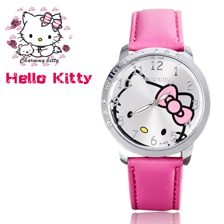 速賣通Hello Kitty手錶創意kt貓帶鉆女士皮帶手錶時尚女士手錶批發・進口・工廠・代買・代購
