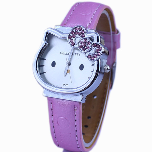 時尚卡通高檔Hello Kitty水鉆KT貓表盤皮帶石英兒童女款學生手錶批發・進口・工廠・代買・代購