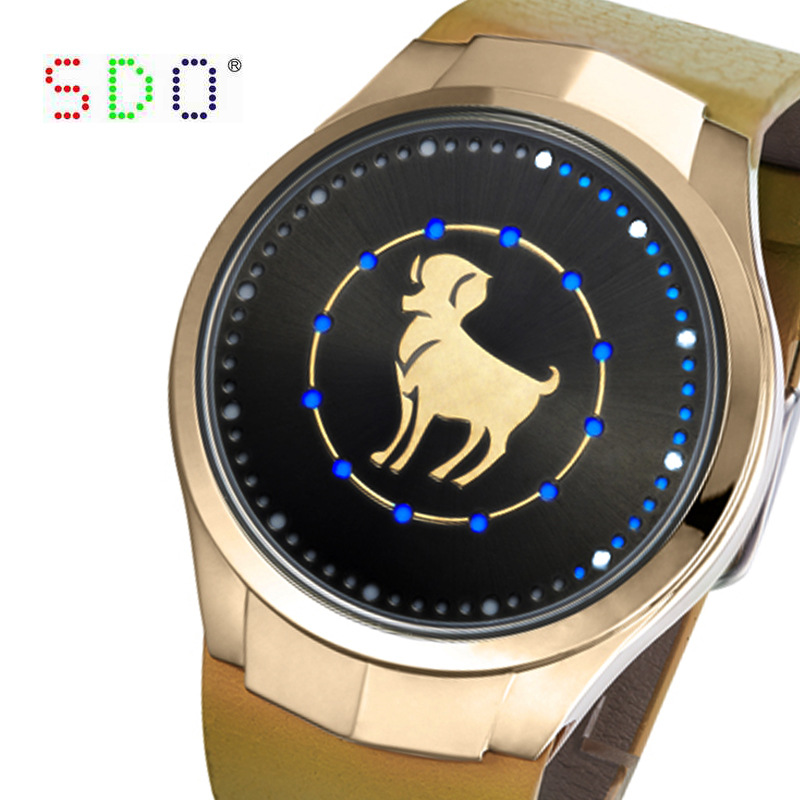 SDO正品男表 LED觸摸屏手錶白羊座真皮防水學生電子表情侶表一對工廠,批發,進口,代購