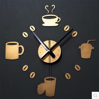 時尚創意復古風 DIY金色咖啡杯掛鐘表 懷舊時光DIY自黏趣味墻麵鐘批發・進口・工廠・代買・代購