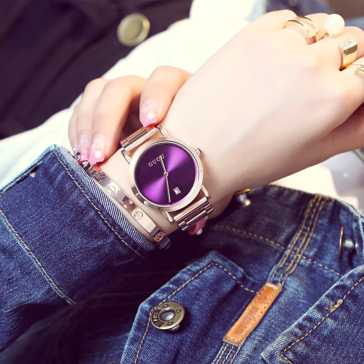 古歐GUOU潮流時尚韓版復古日歷女士玫金鋼帶表精致簡約手錶8127工廠,批發,進口,代購
