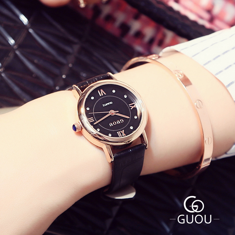 GUOU古歐羅馬刻度手錶潮流時尚石英表經典復古皮帶石英女士手錶工廠,批發,進口,代購