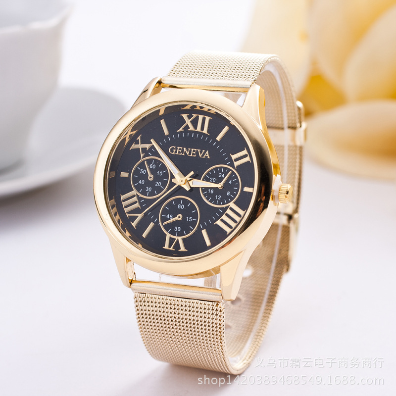 速賣通新款金色網帶手錶 時尚三眼女士手錶 日內瓦手錶現貨批發工廠,批發,進口,代購