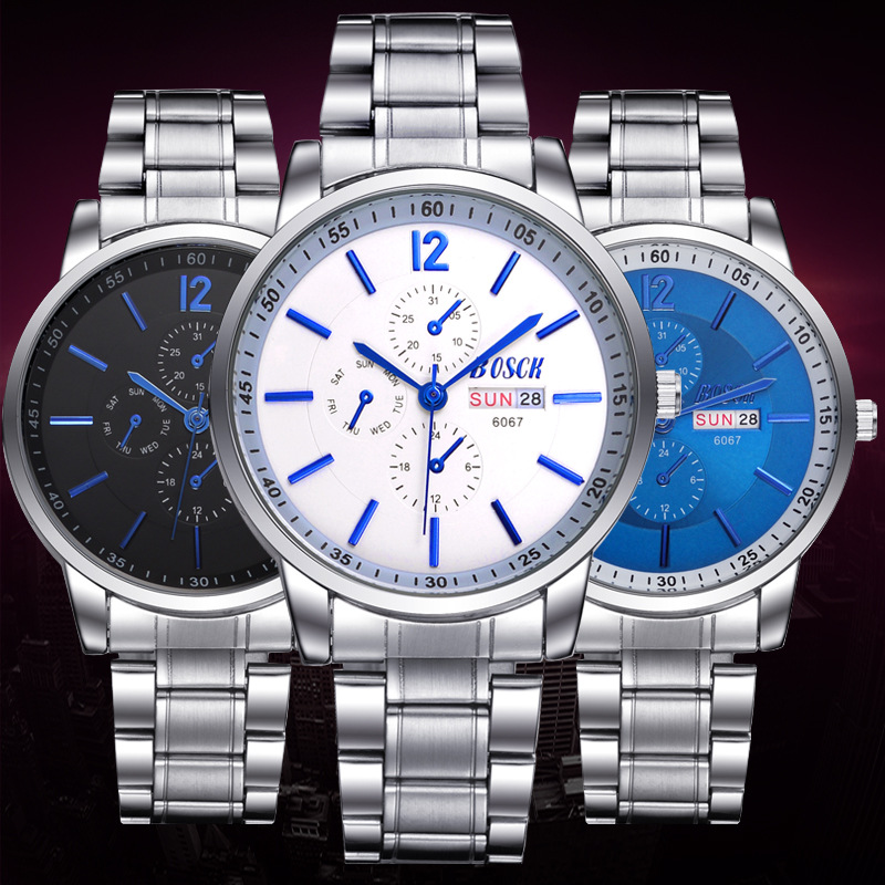 保西尼手錶 男士鋼帶雙日歷星期防水休閒商務時尚禮品手錶6067工廠,批發,進口,代購