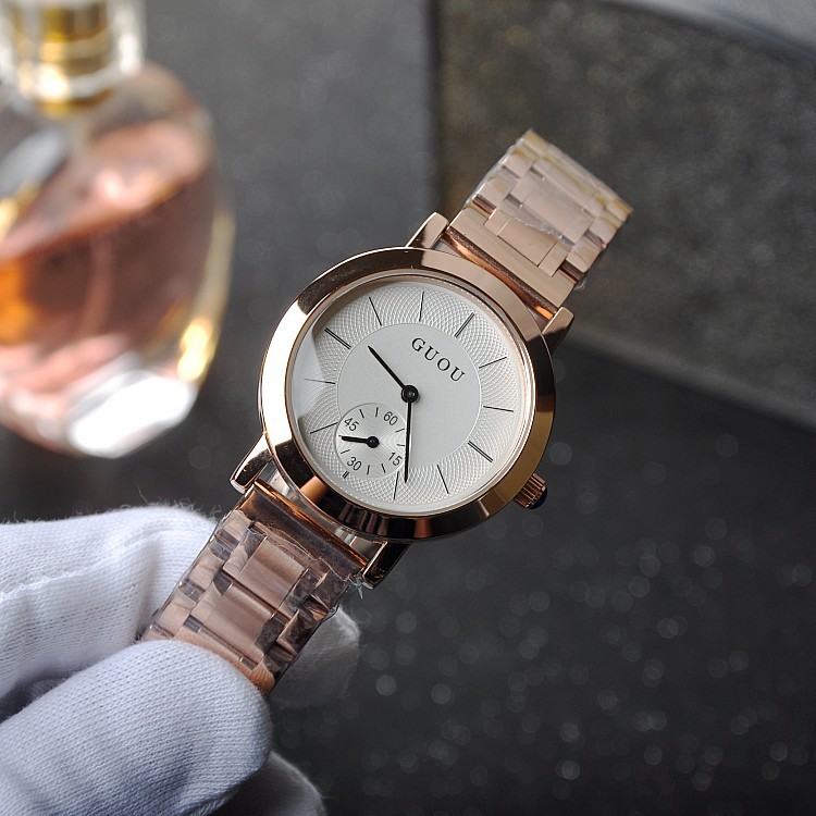 GUOU新款經典簡約復古時尚耐用休閒 不銹鋼帶 玫瑰金色女士手錶工廠,批發,進口,代購