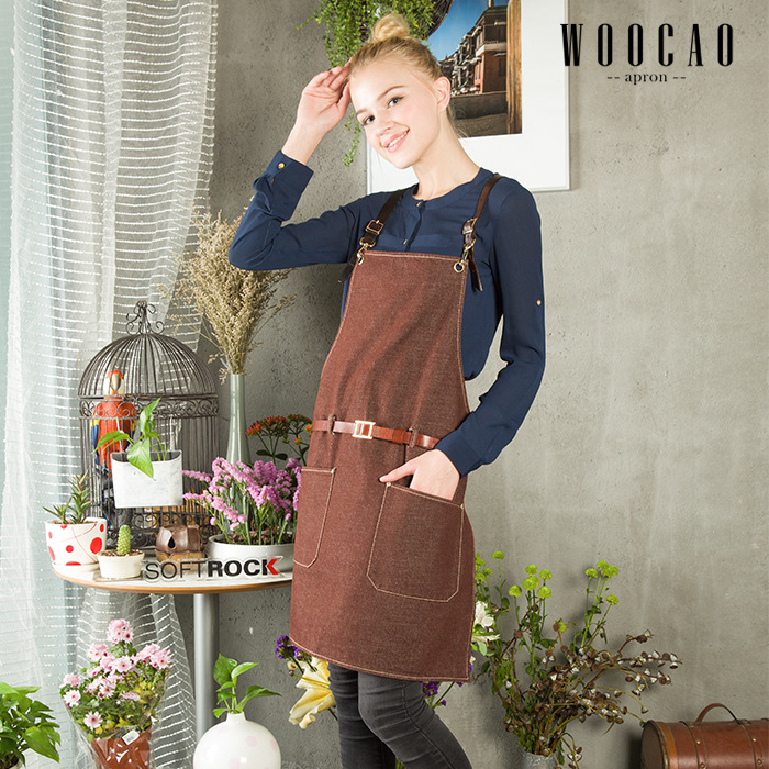 WOOCAO韓版無袖新款牛仔圍裙傢用餐廳咖啡店酒吧工作服定製印logo工廠,批發,進口,代購
