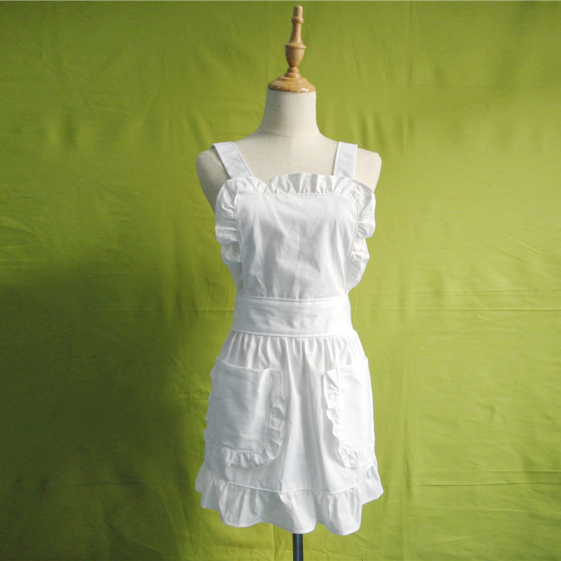 棉質雙口袋可愛圍裙 半身套裝純棉花邊雙口袋圍裙 白色圍裙花邊工廠,批發,進口,代購