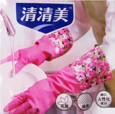 清清美印花絨裡橡膠手套 加袖加長天然乳膠 日用清潔洗衣7153批發・進口・工廠・代買・代購