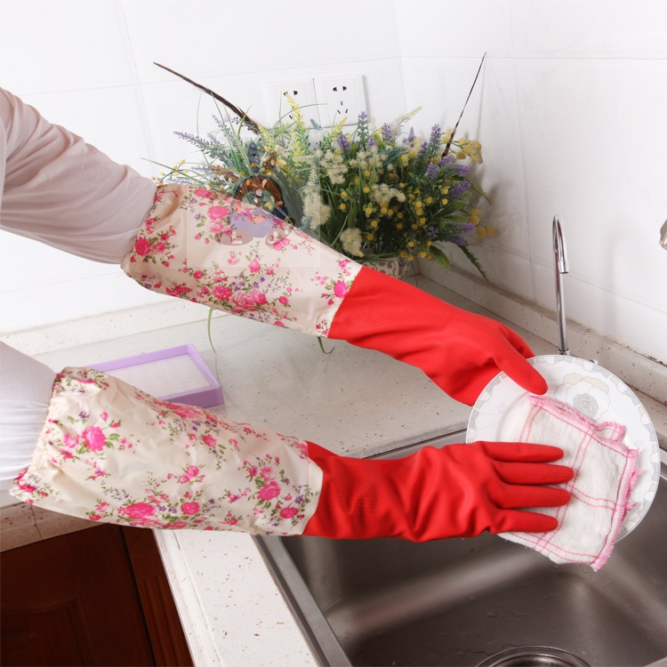 獨傢專利洗碗清潔加厚靜電植絨一體保暖防水防滑接長花袖乳膠手套工廠,批發,進口,代購
