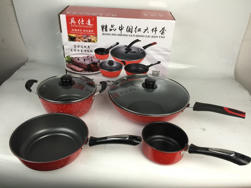 真仕達炒鍋平底鐵鍋禮品鍋 中國紅六件套鍋具豪華禮品套裝鍋工廠,批發,進口,代購