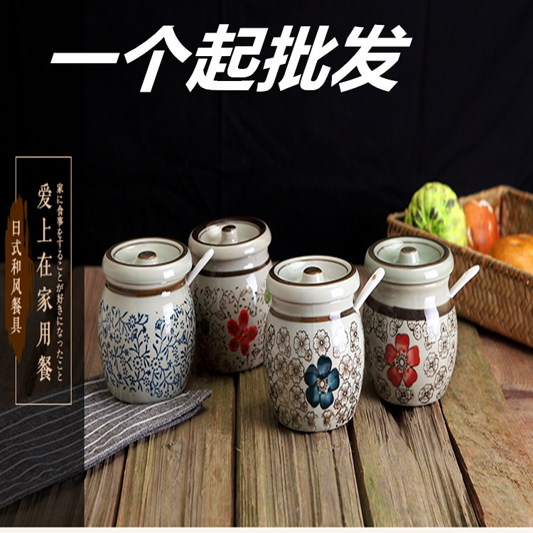 日式陶瓷調味罐 調味盅調味瓶 辣醬盅 帶蓋鹽缸糖缸 傢用廚房餐具批發・進口・工廠・代買・代購