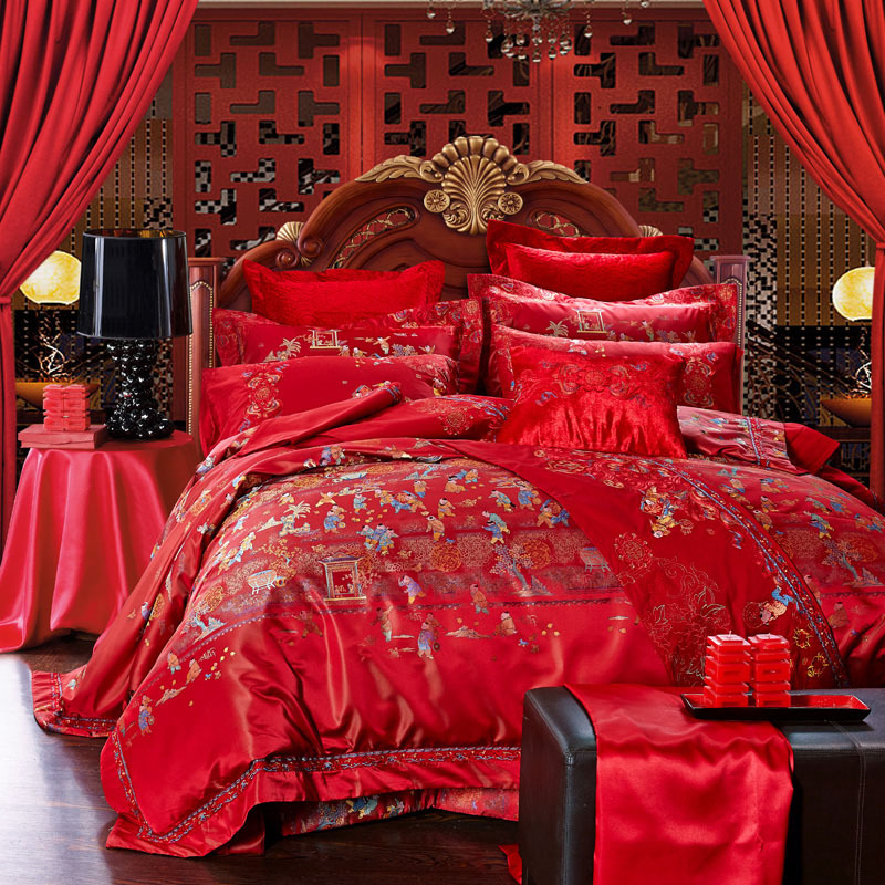 婚慶四件套大紅色全棉多件套蕾絲十件套貢緞提花結婚床上用品工廠,批發,進口,代購