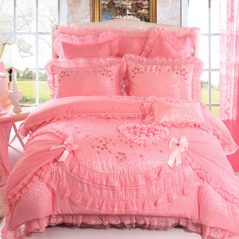 2014新款婚慶貢緞提花繡花八件套 蕾絲玫瑰大紅粉色結婚床上用品批發・進口・工廠・代買・代購
