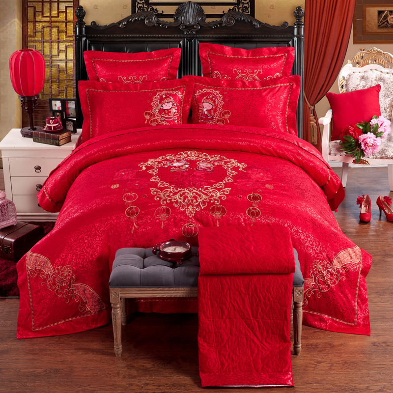 高檔全棉婚慶四件套大紅色貢緞提花繡花六件套床上用品特價廠傢工廠,批發,進口,代購
