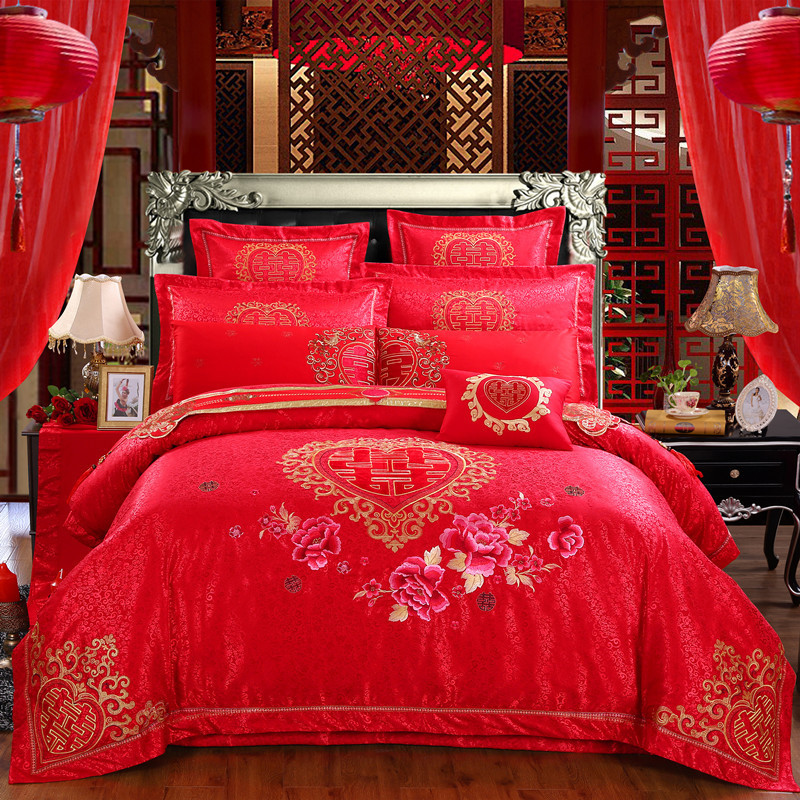 全棉刺繡婚慶四件套件 大紅床單床蓋結婚純棉六件套床上用品 批發工廠,批發,進口,代購