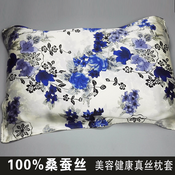 正品絲綢 藍玫瑰印花單人枕素縐緞訂做雙麵信封式純真絲枕套床品工廠,批發,進口,代購