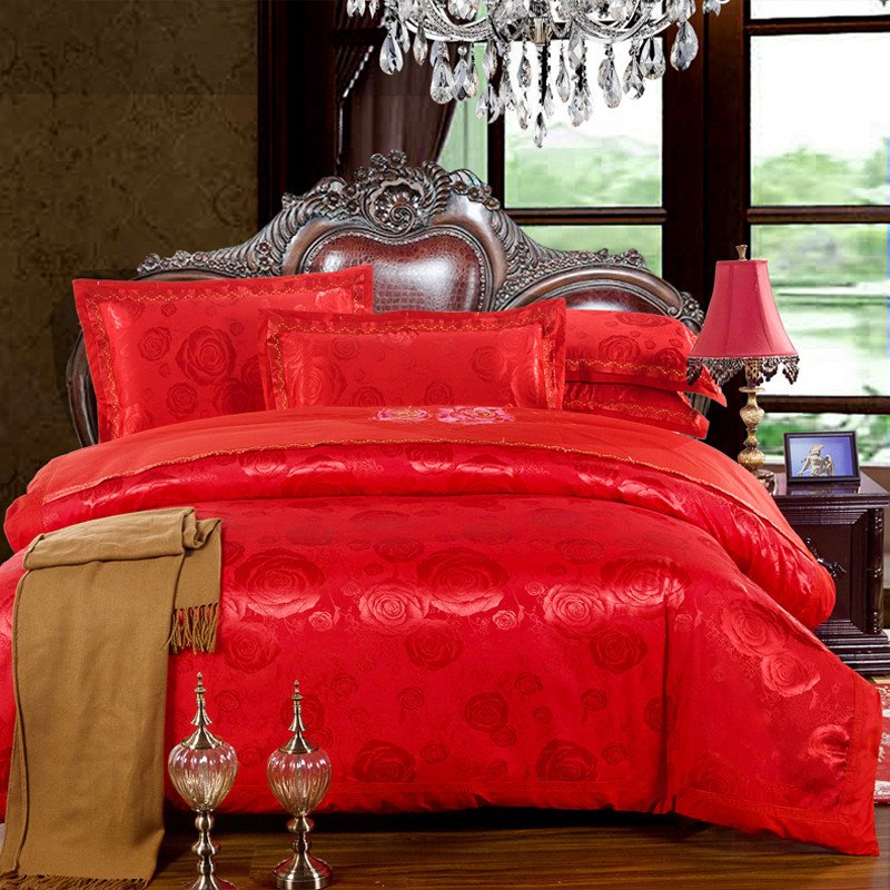 新款全棉貢緞提花婚慶四件套大紅色純棉套件床上用品1.5m1.8米批發・進口・工廠・代買・代購