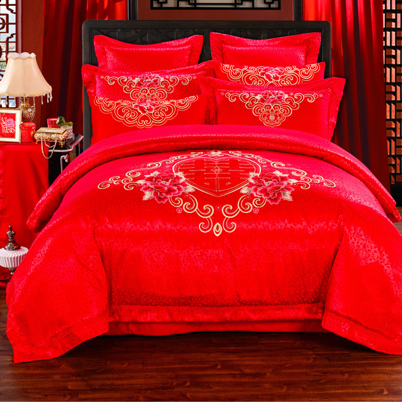 富安娜 婚慶床上用品大紅十件套 結婚床品床罩百年好合 多件套工廠,批發,進口,代購