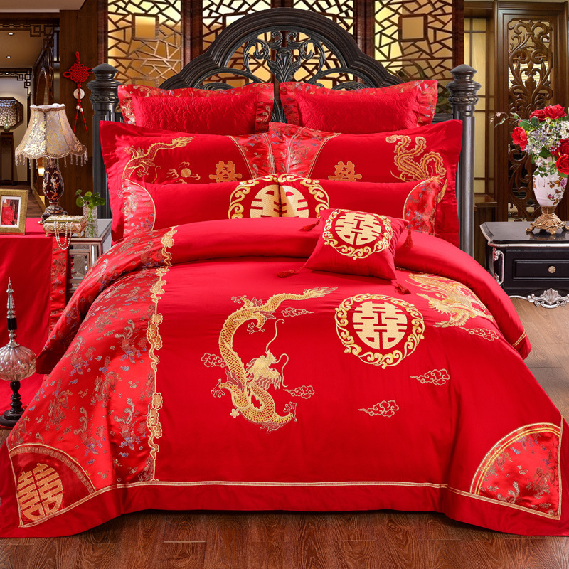 富安娜婚慶床上用品四件套大紅色中國風龍鳳百子圖結婚六件套工廠,批發,進口,代購