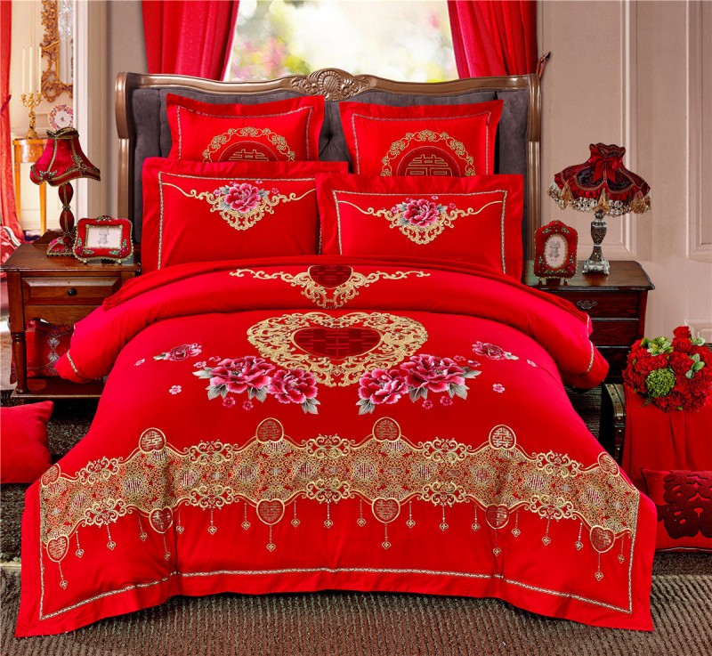 慕辰大紅色婚慶四件套全棉60s貢緞提花高檔刺繡床上用品工廠,批發,進口,代購