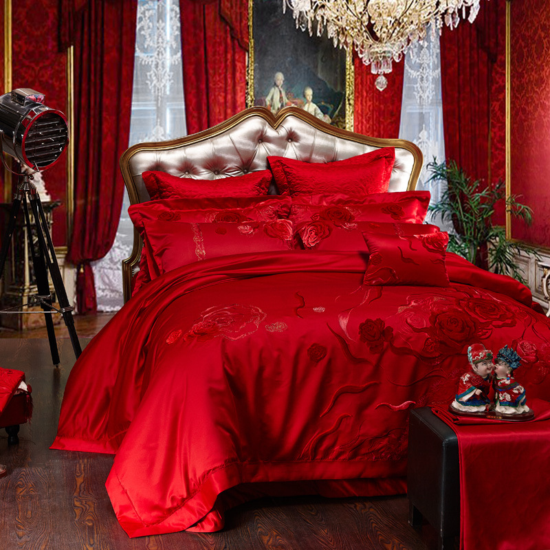 婚慶多件套大紅色全棉套件蕾絲十件套貢緞提花結婚床上用品工廠,批發,進口,代購