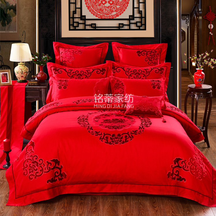 銘蒂品牌傢紡高檔婚慶十件套大紅色刺繡結婚床上用品美滿良緣工廠,批發,進口,代購