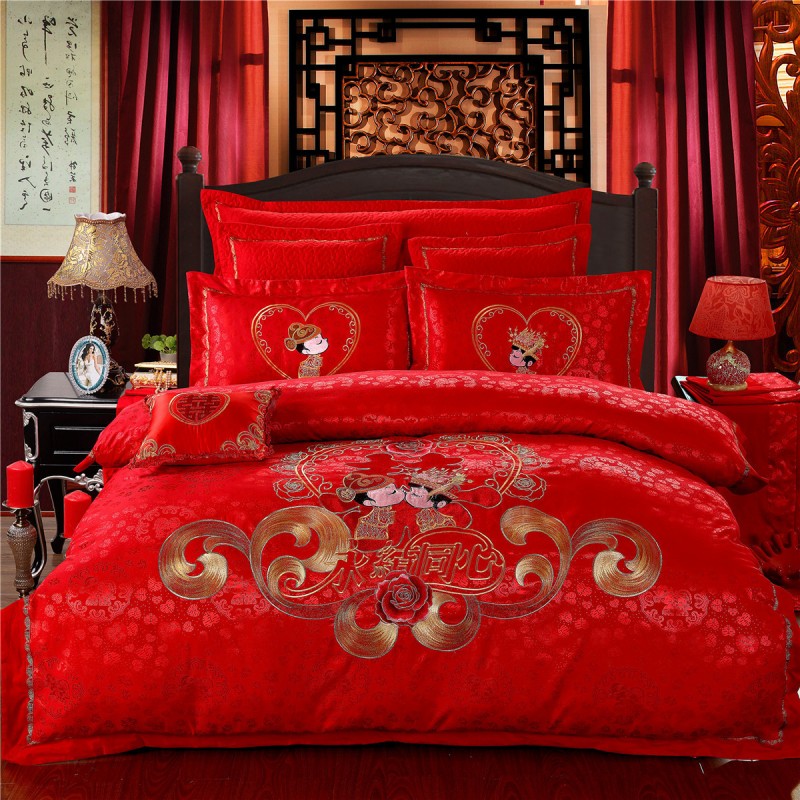 慕辰高檔立體蘇繡大紅色全棉四件套婚慶床單被套床蓋永結同心傢紡工廠,批發,進口,代購