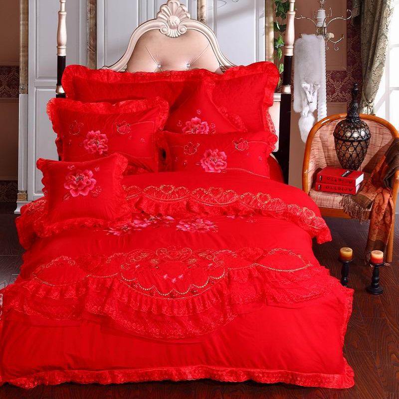 伊蔓莎傢紡全棉純棉繡花高檔七件套大紅結婚用浪漫喜慶床上用品工廠,批發,進口,代購