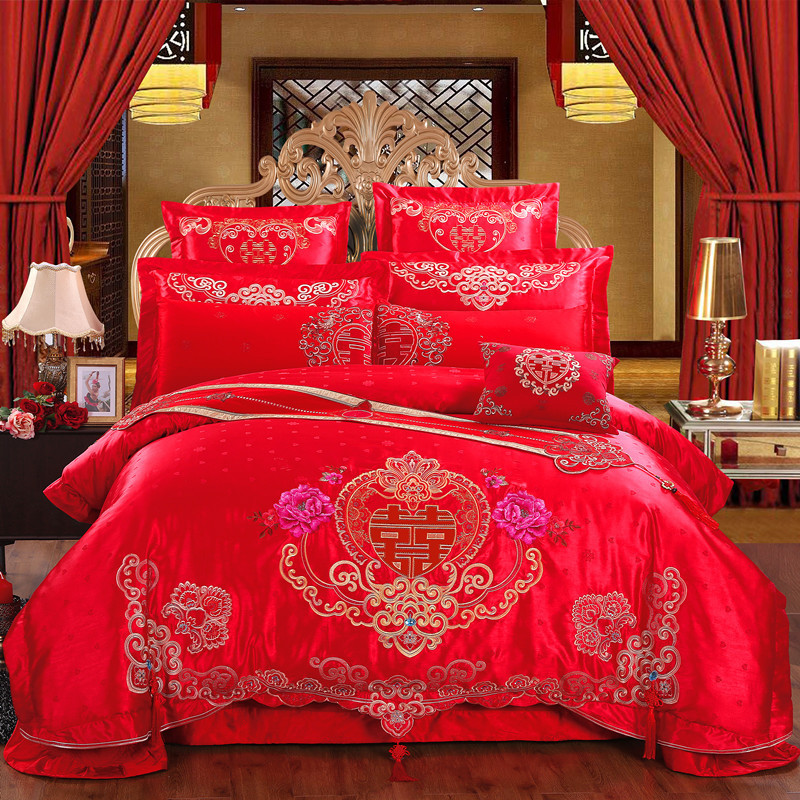 全棉大紅婚慶床品 純棉繡花床罩床裙四件套 六 八件套 一件代發工廠,批發,進口,代購