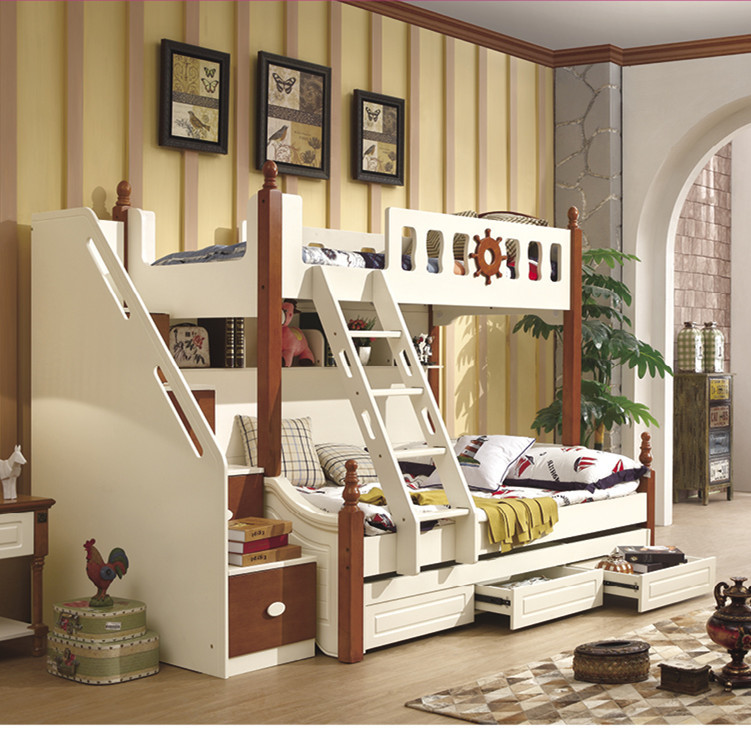 地中海傢具兒童上下床高低床實木子母床上下鋪雙層床1.35米帶護攔批發・進口・工廠・代買・代購
