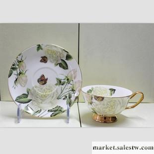 2013網絡暢銷版 廠家直銷 訂制骨瓷彩金杯碟 蝴蝶白玫瑰咖啡杯碟工廠,批發,進口,代購