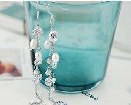 韓版貝珍珠鑲鑽水晶長款銀色耳飾 飾品零售批發工廠,批發,進口,代購