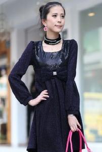 正品 2010秋冬新款 韓版淑女蝴蝶結高腰燈籠袖連衣長裙232工廠,批發,進口,代購