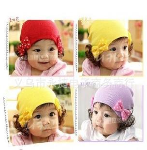 2011新款 (5色)韓版 蝴蝶結假髮針織頭套帽 兒童帽子批發工廠,批發,進口,代購