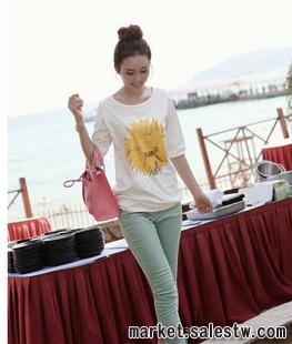 2012韓版新款 熱門女裝 不顯肚印花向日葵短袖T恤太陽花中袖637工廠,批發,進口,代購