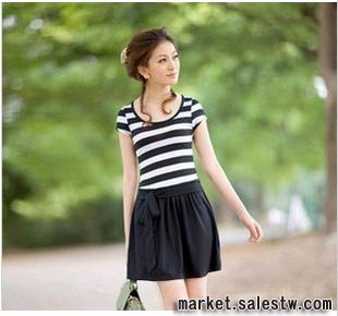 熱門女裝2012夏季新款 歐美蝴蝶結條紋拼接裙子連衣裙工廠,批發,進口,代購