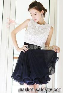 2012日韓夏裝 熱門女裝 時尚拼色氣質立體花百褶收腰連衣裙4969工廠,批發,進口,代購