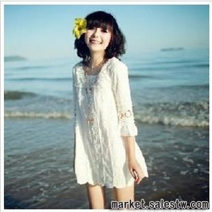 熱門女裝 2012春秋韓版淑女海邊沙灘裙 全蕾絲勾花連衣裙 8085#工廠,批發,進口,代購