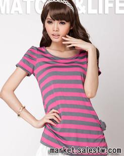 2012夏季新款 熱門女裝 條紋泡泡袖短袖T恤寬松批發0012工廠,批發,進口,代購