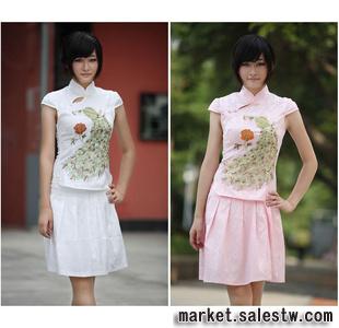 熱門夏季中國風女裝 修身短袖 刺繡 繡花金孔雀兩件套裙 時尚旗袍工廠,批發,進口,代購