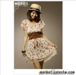 熱門女裝2012日韓夏季櫻桃印花修身雪紡連衣裙（配腰帶）批發工廠,批發,進口,代購