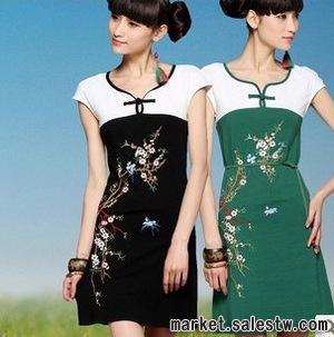 2012熱門女裝裂帛退款夏季新款繡花 拼色盤扣 短袖連衣裙 韻味工廠,批發,進口,代購
