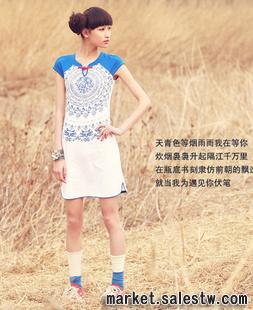 2012夏季新款熱門女裝裂帛同款短袖連衣裙 夏季 醉青花 網店加盟工廠,批發,進口,代購