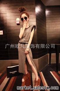 熱門女裝 2012夏裝 明星范兒 側開叉 拼色袖長裙 連衣裙批發K285工廠,批發,進口,代購
