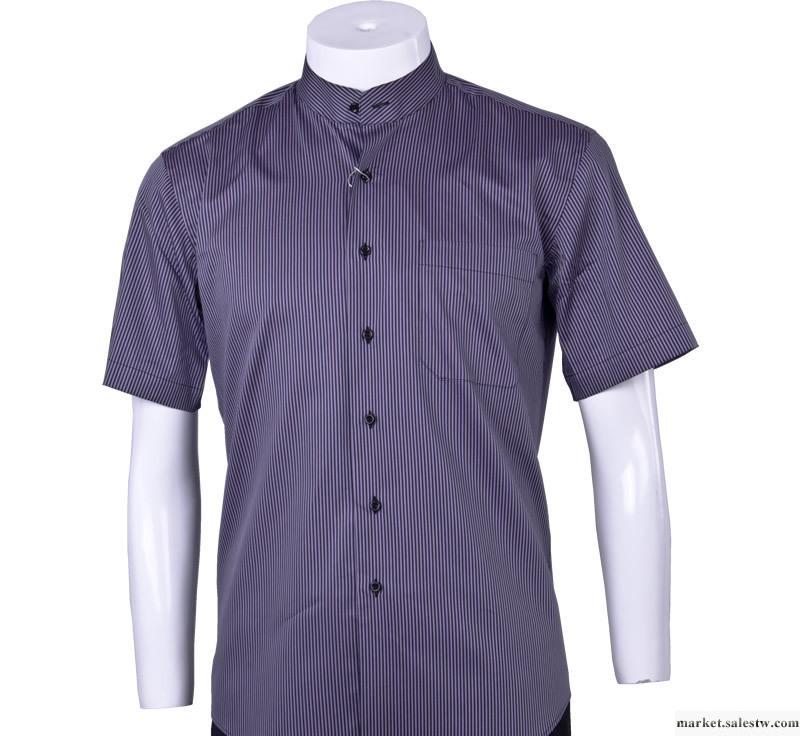 AOKEN男式夏裝純棉立領深紫色色織條紋高檔男士休閑短袖襯衫促銷工廠,批發,進口,代購